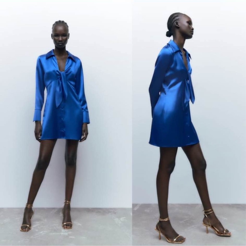 Zara Satin Tie-Neck Mini Dress in Electric Blue